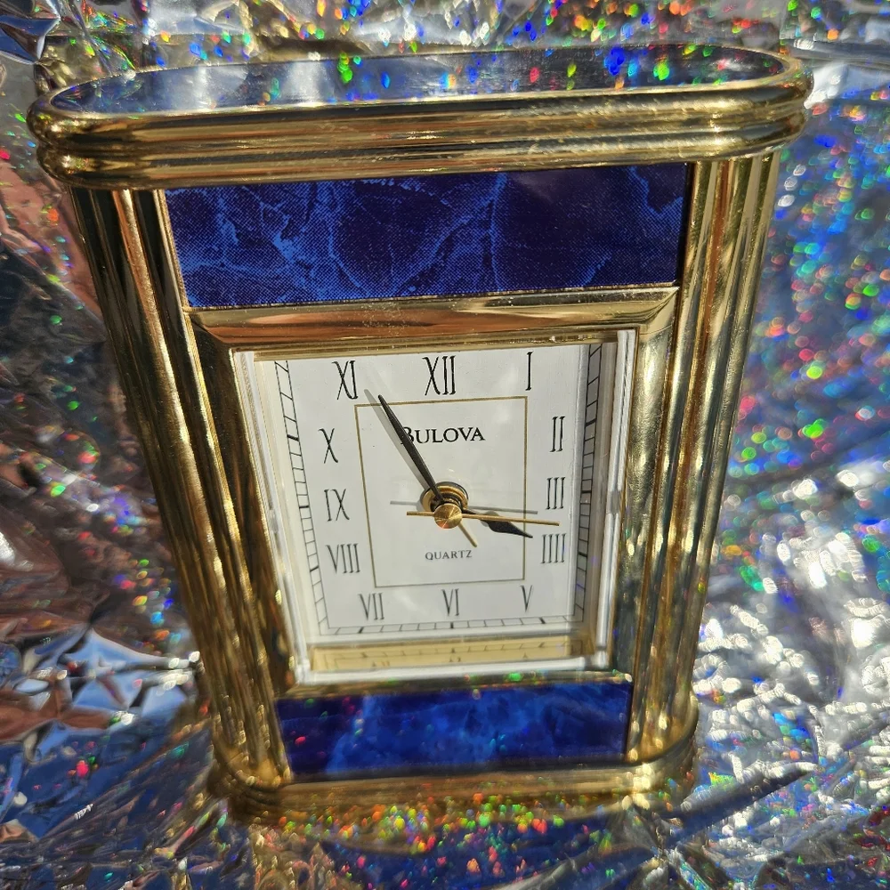 BULOVA Quartz  Clock Blue Gold Mantel  Shelf Clock Brass RARE Vintage Alarm - Picture 9 of 12